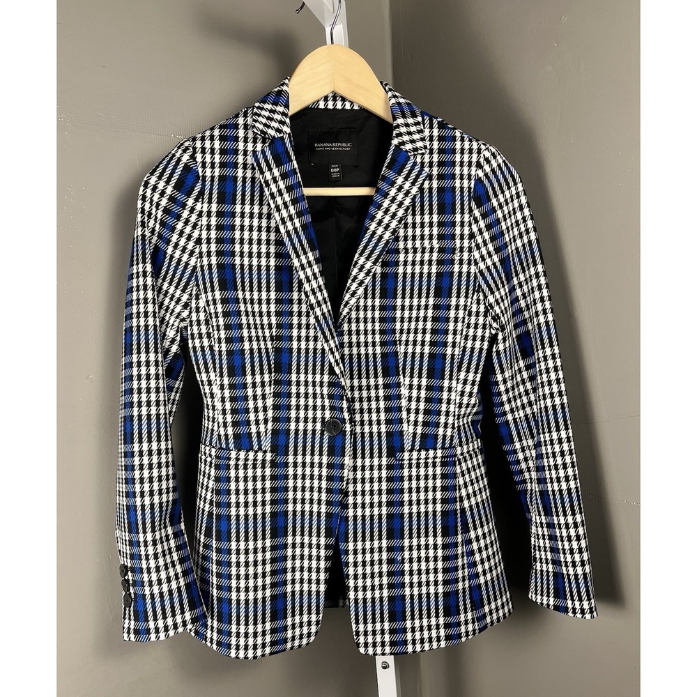 Banana Republic OOP Long and Lean Blazer in Blue Black White Plaid Jacket 2019